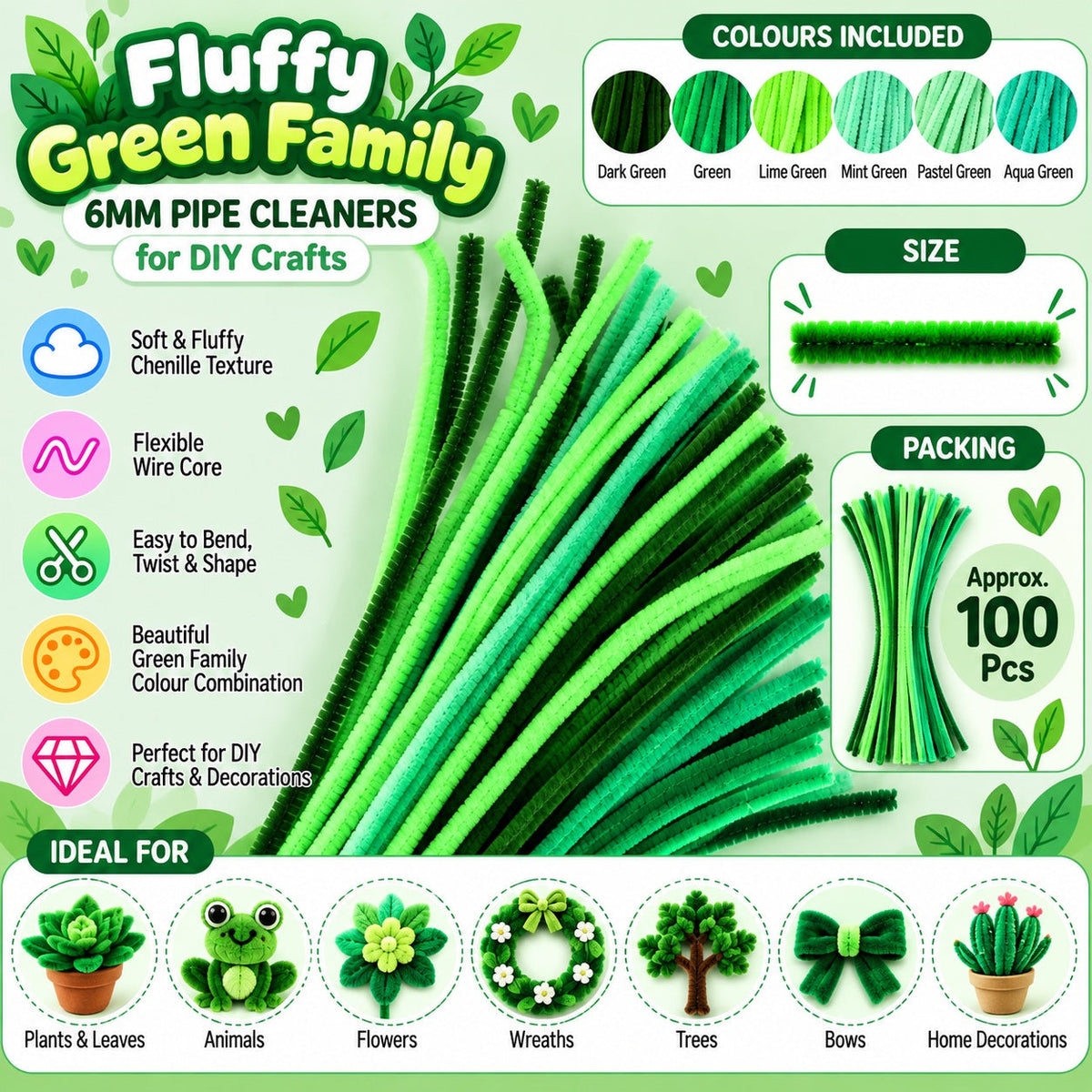 Fluffy Green Family Mix 6MM Pipe Cleaners for DIY Crafts – Lime Green, Bright Green, Mint Green & Dark Green | Approx. 100 Pcs