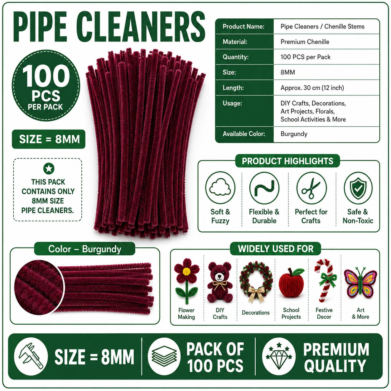 Premium Pipe Cleaners (8MM Approx.) (Chocolate Brown)
