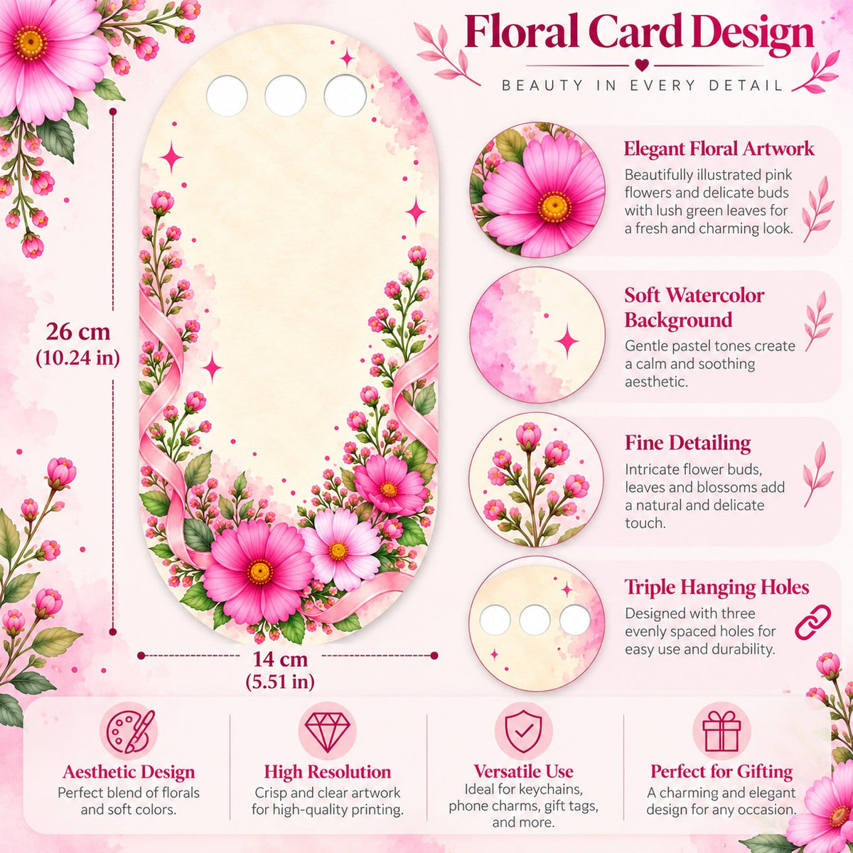 Magical Blossom Garden Printed Flower Card with Triple Hanging Holes for DIY Bouquets & Gift Packaging