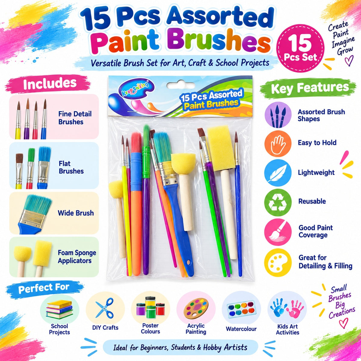 15 Pcs Assorted Paint Brush Set – Fine, Flat, Wide & Foam Brushes for Painting, Art & DIY Craft