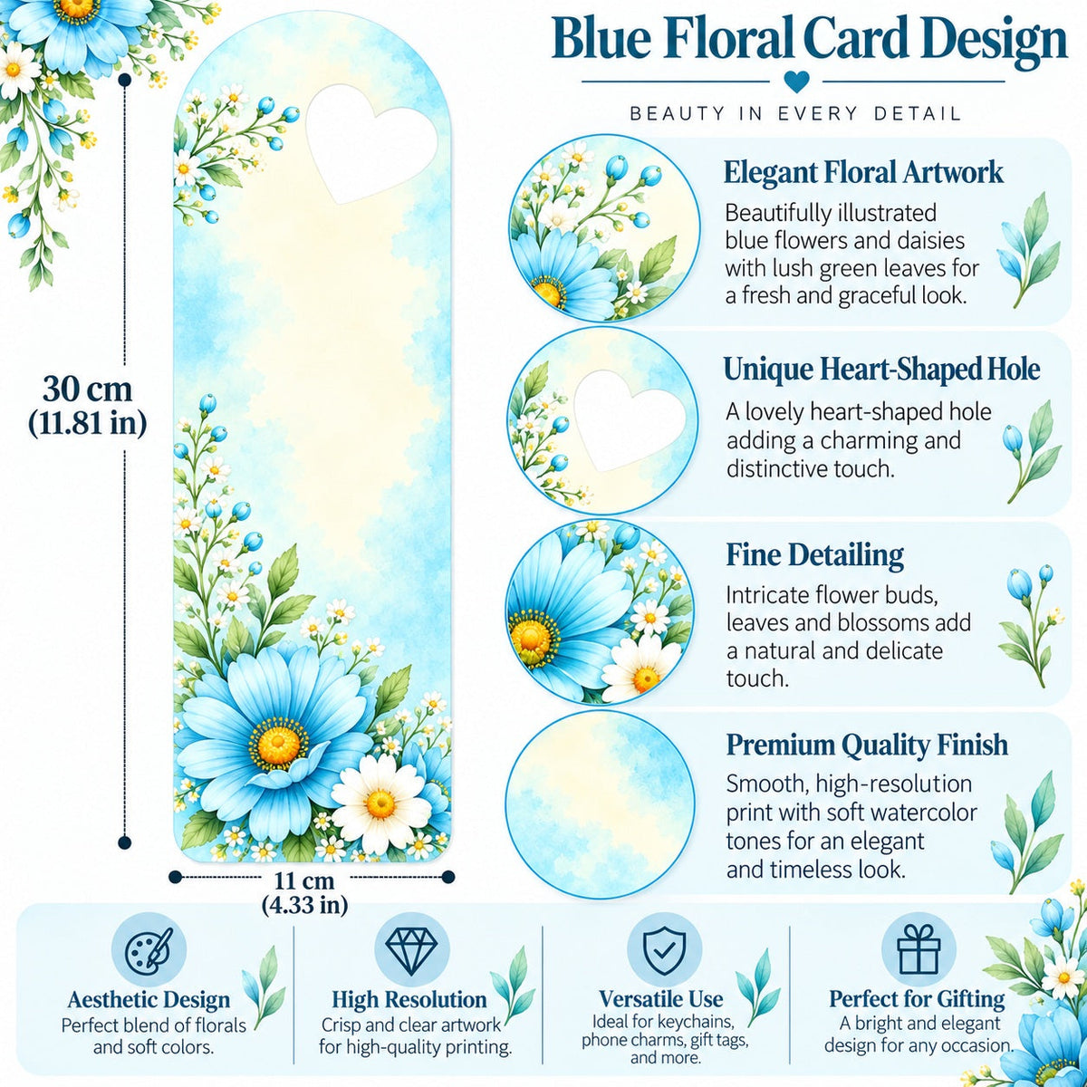 Sky Blue Daisy Blossom Printed Flower Card with Heart Cutout for DIY Crafts & Flower Bouquets