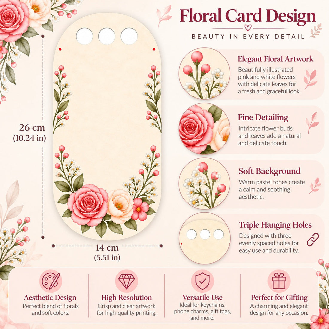Blushing Rose Garden Printed Flower Card with Triple Hanging Holes for DIY Bouquets & Gift Packaging