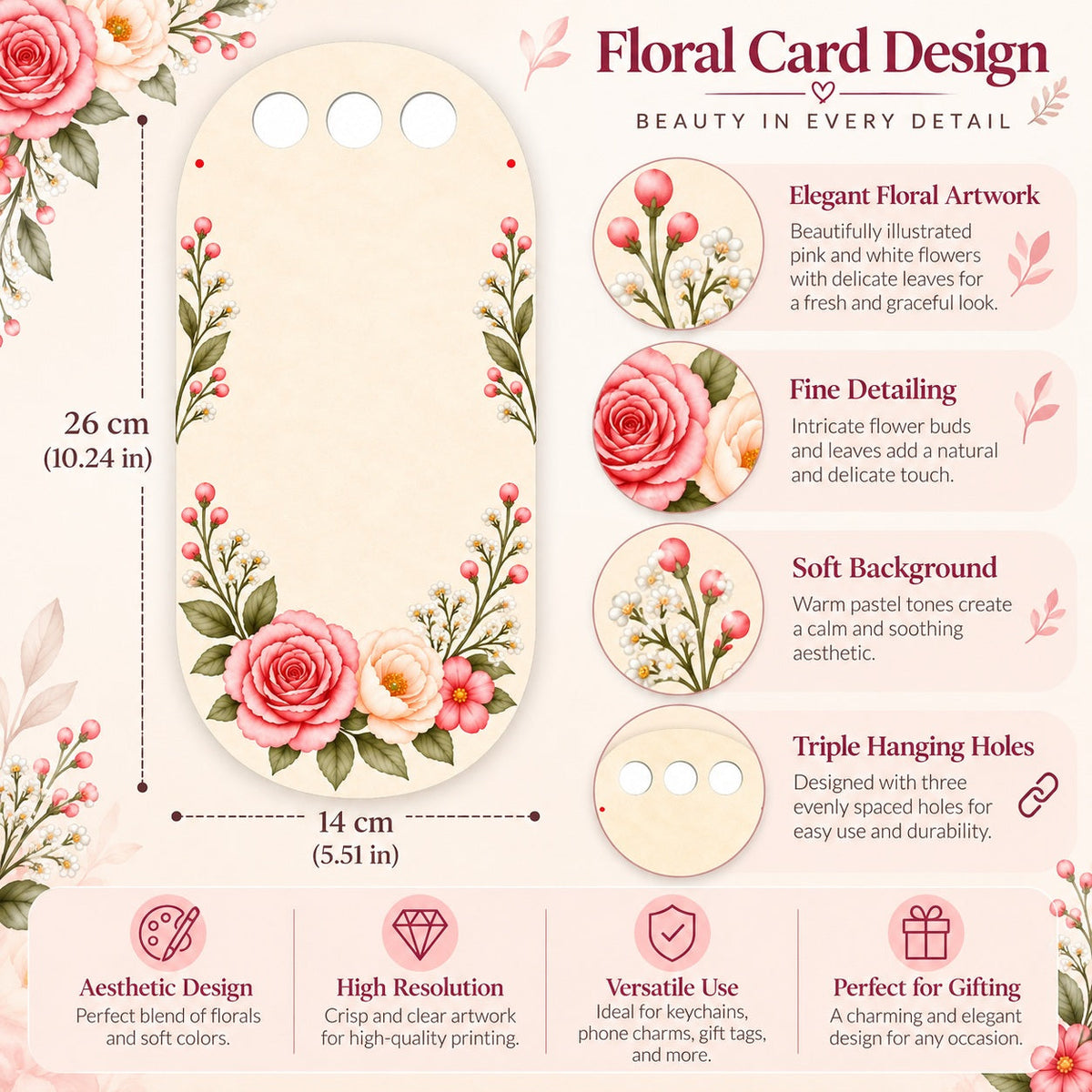 Blushing Rose Garden Printed Flower Card with Triple Hanging Holes for DIY Bouquets & Gift Packaging