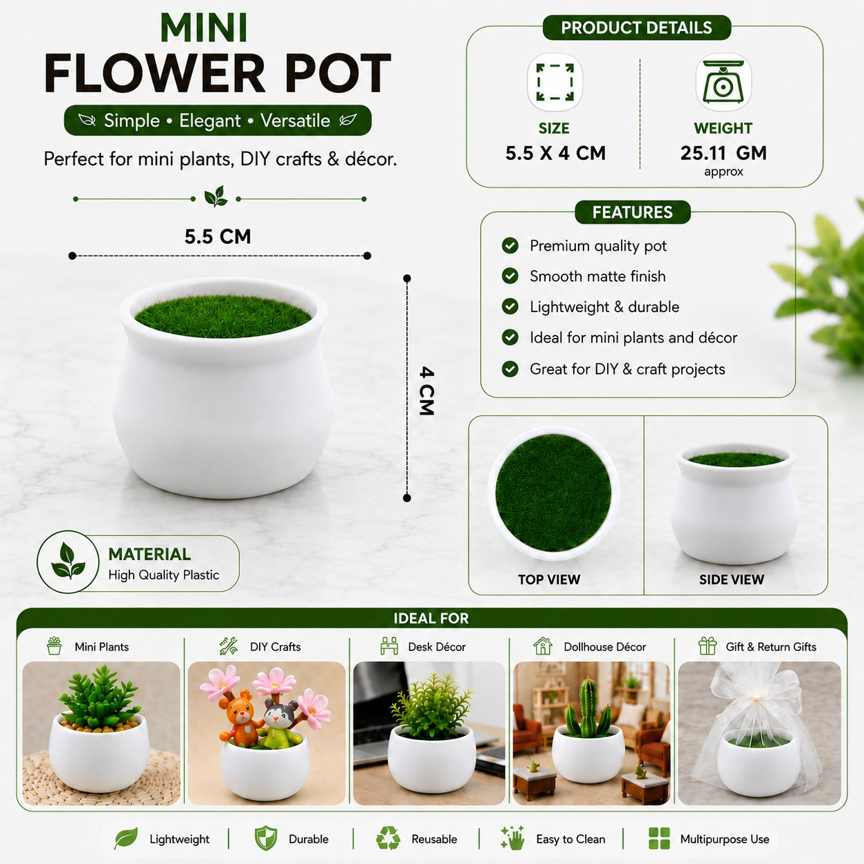 Mini White Flower Pot with Artificial Grass – 5.5 × 4 CM