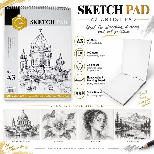 Keep Smiling A3 Spiral Sketch Pad – 24 Sheets, 160 GSM | White Drawing Paper – 297 × 420 MM