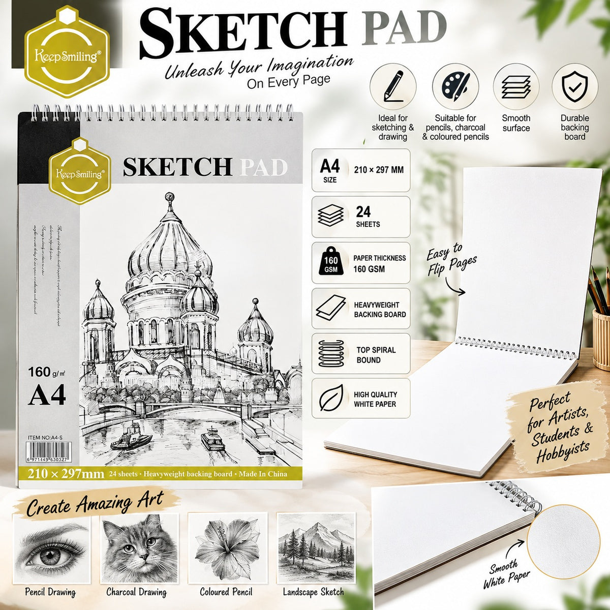Keep Smiling A4 Spiral Sketch Pad – 24 Sheets, 160 GSM | White Drawing Paper – 210 × 297 MM