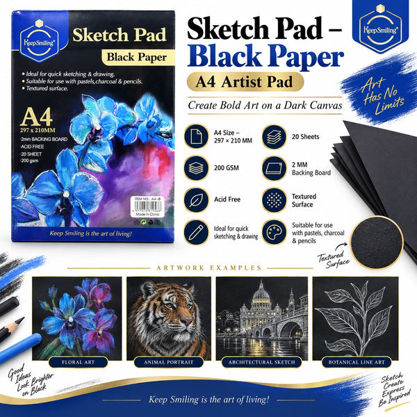 Keep Smiling A4 Black Paper Sketch Pad – 20 Sheets, 200 GSM | Acid-Free Textured Drawing Paper – 297 × 210 MM