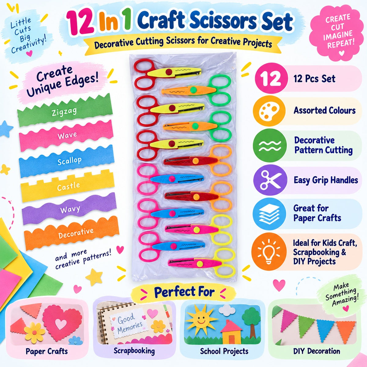 12-in-1 Decorative Craft Scissors Set – 12 Pcs | Assorted Pattern Edge Cutting Scissors for Paper Craft, Scrapbooking & DIY Projects