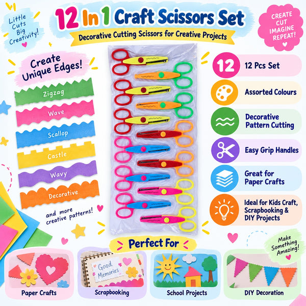 12-in-1 Decorative Craft Scissors Set – 12 Pcs | Assorted Pattern Edge Cutting Scissors for Paper Craft, Scrapbooking & DIY Projects
