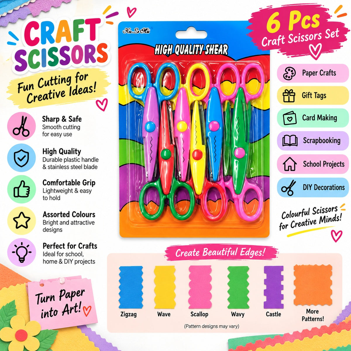 6 Pcs Decorative Craft Scissors Set – Assorted Pattern Edge Cutting Scissors for Paper Craft, Scrapbooking & Card Making