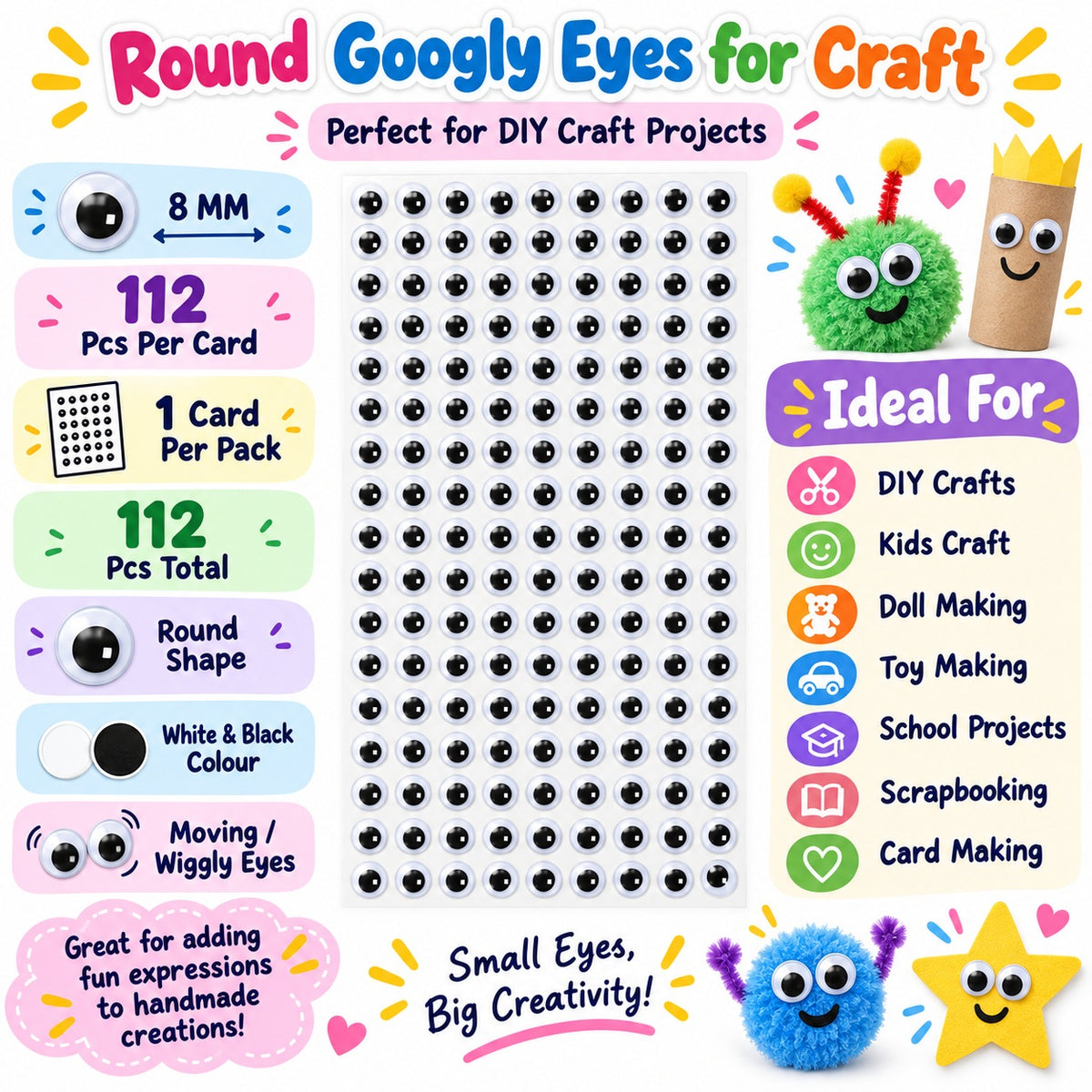 Round Googly Eyes Sticker for Craft – 8 MM | 112 Pcs Per Card | 1 Card Per Pack | DIY Craft Eyes