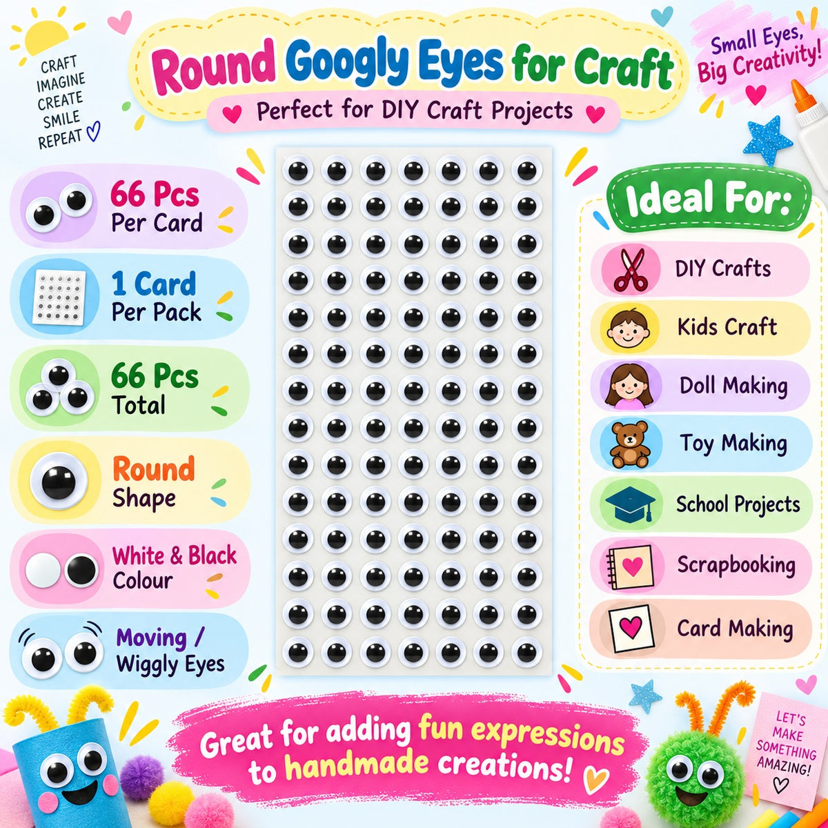 Round Googly Eyes Sticker for Craft – 10 MM | 66 Pcs Per Card | 1 Card Per Pack | DIY Craft Eyes