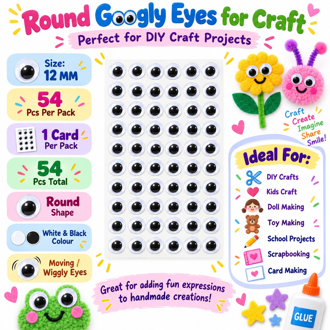 generic Big Size Round Googly Eyes for Craft – 60 Pcs Per Sheet | Pack of 10 Sheets | DIY Craft Eyes