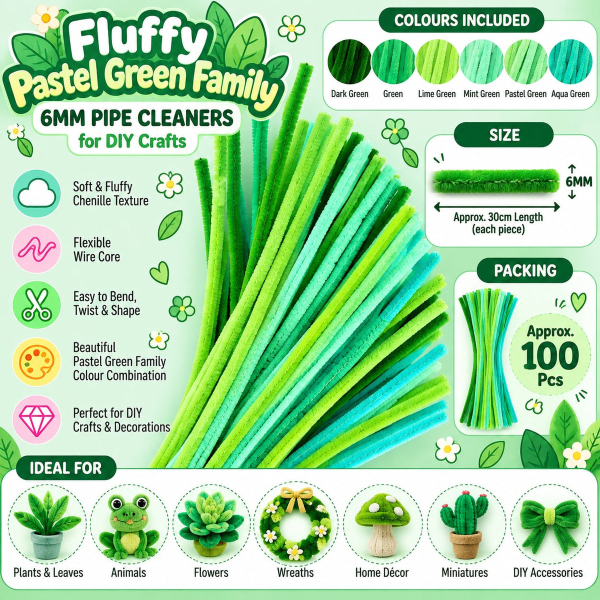 Fluffy Pastel Green Family Mix 6MM Pipe Cleaners for DIY Crafts – Lime Green, Mint Green, Aqua & Dark Green | Approx. 100 Pcs