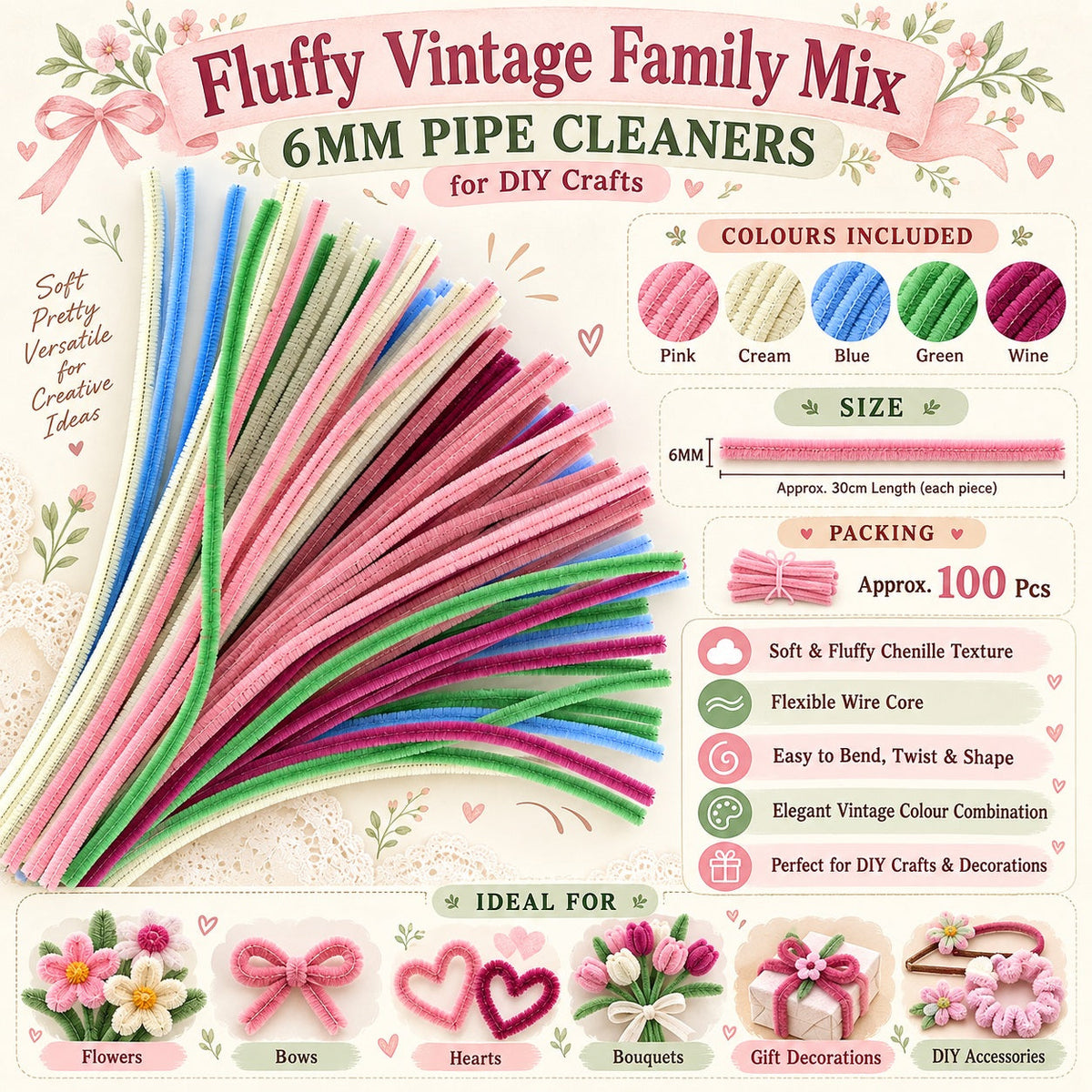 Fluffy Vintage Family Mix 6MM Pipe Cleaners for DIY Crafts – Pink, White, Blue, Green & Wine | Approx. 100 Pcs
