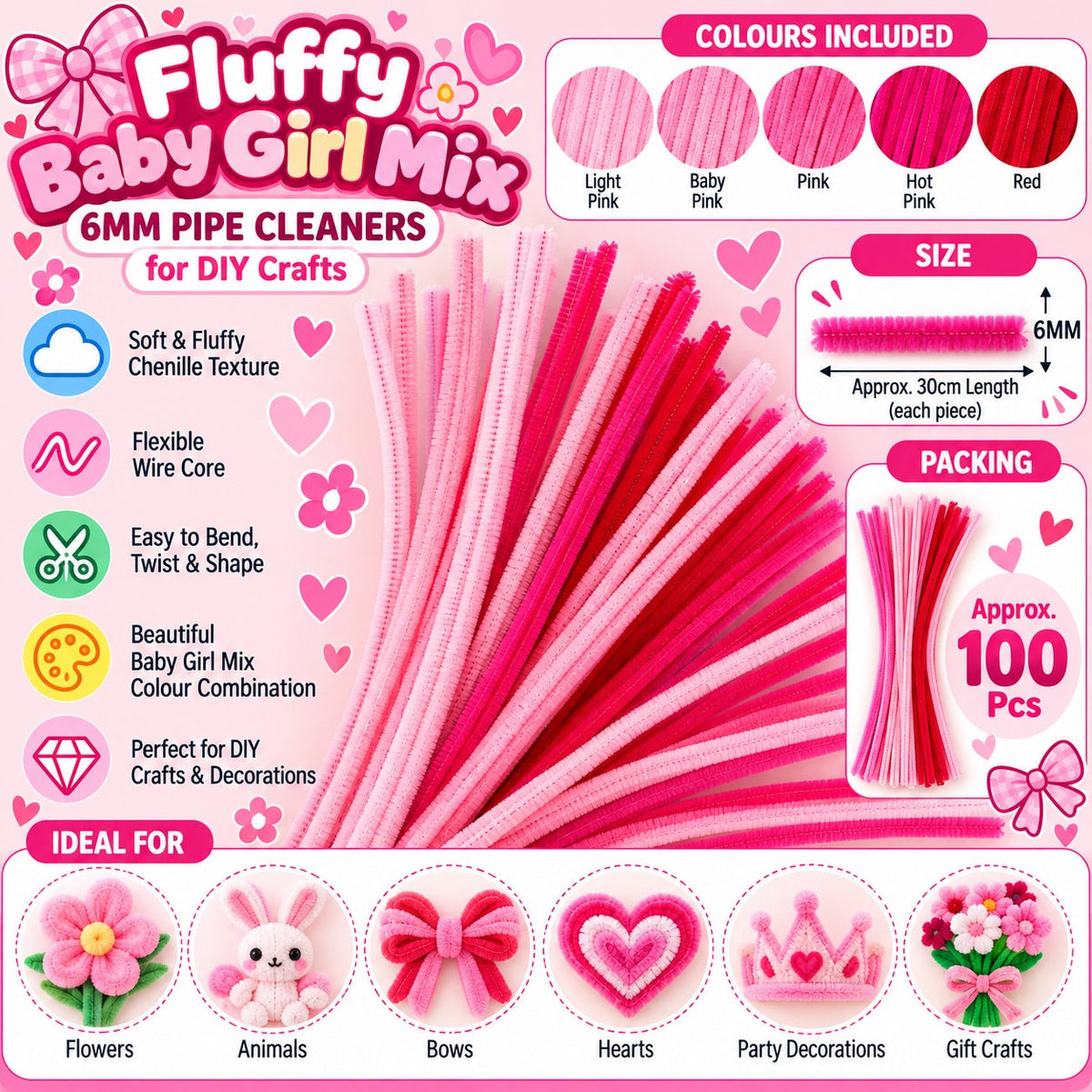 Fluffy Baby Girl Theme Mix 6MM Pipe Cleaners for DIY Crafts – Baby Pink, Light Pink, Hot Pink & Dark Pink | Approx. 100 Pcs