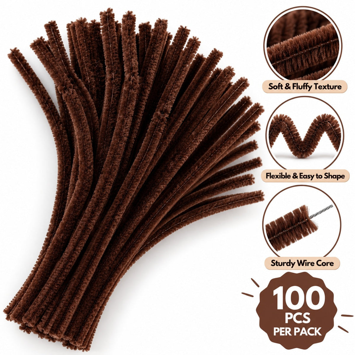 Chocolate Brown Chenille Pipe Cleaners 10MM – Pack of 100 Pcs
