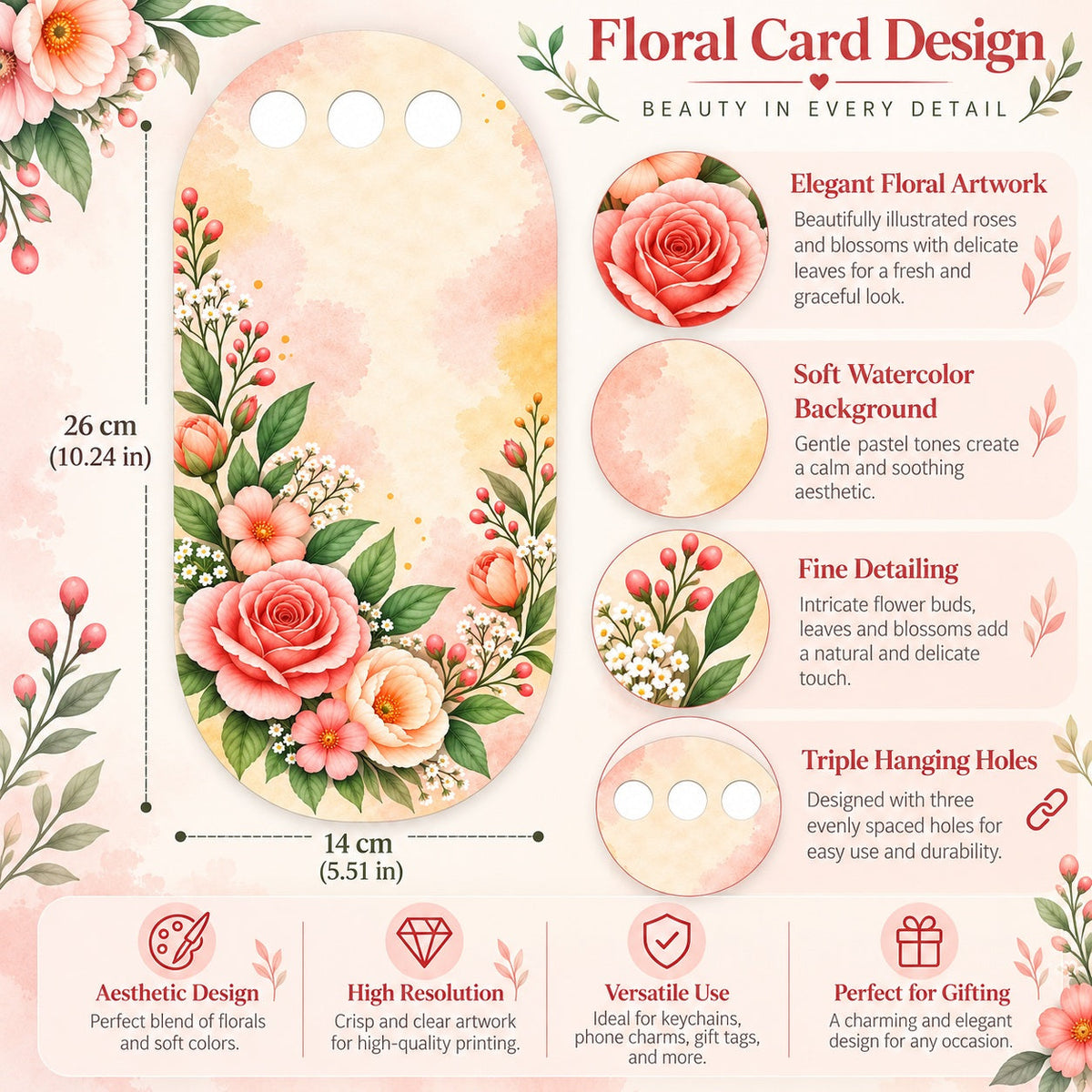 Peach Blossom Romance Printed Flower Card with Triple Hanging Holes for DIY Bouquets & Gift Packaging