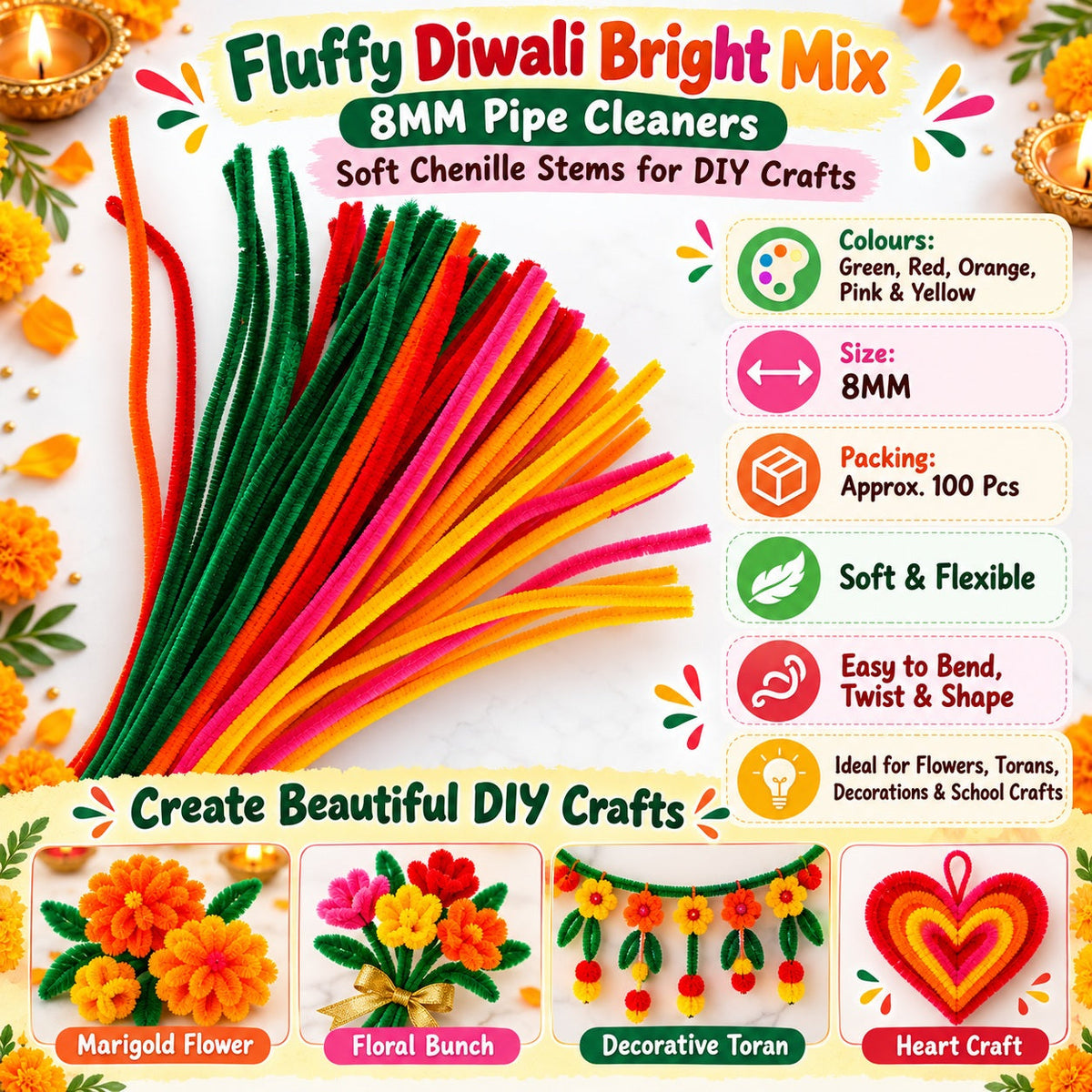Fluffy Diwali Bright Mix 6MM Pipe Cleaners for DIY Crafts – Green, Red, Orange, Pink & Yellow | Approx. 100 Pcs
