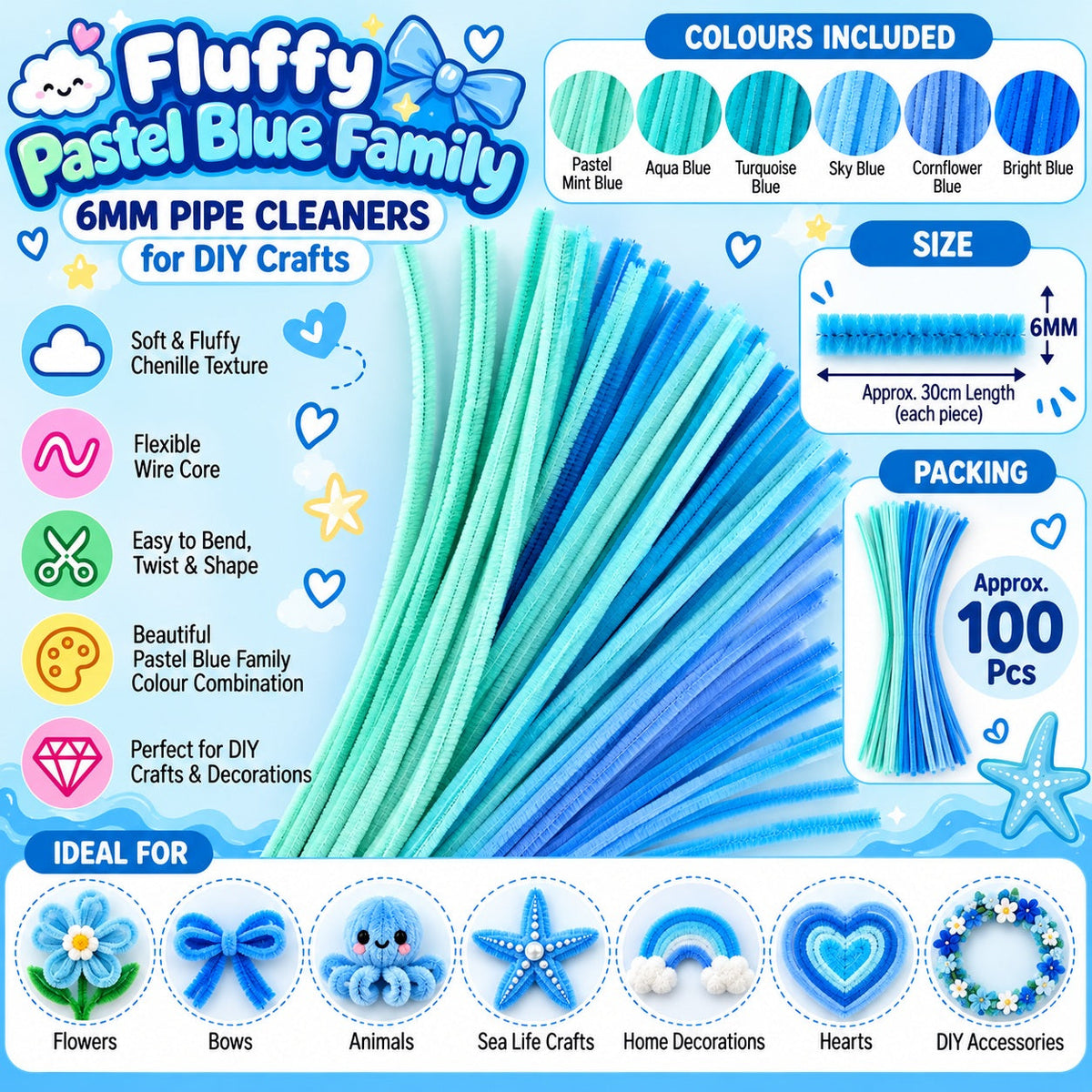 Fluffy Pastel Blue Family Mix 6MM Pipe Cleaners for DIY Crafts – Mint Blue, Aqua Blue, Sky Blue & Periwinkle | Approx. 100 Pcs