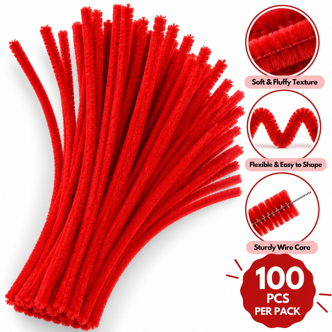 Red Chenille Pipe Cleaners 10MM – Pack of 100 Pcs