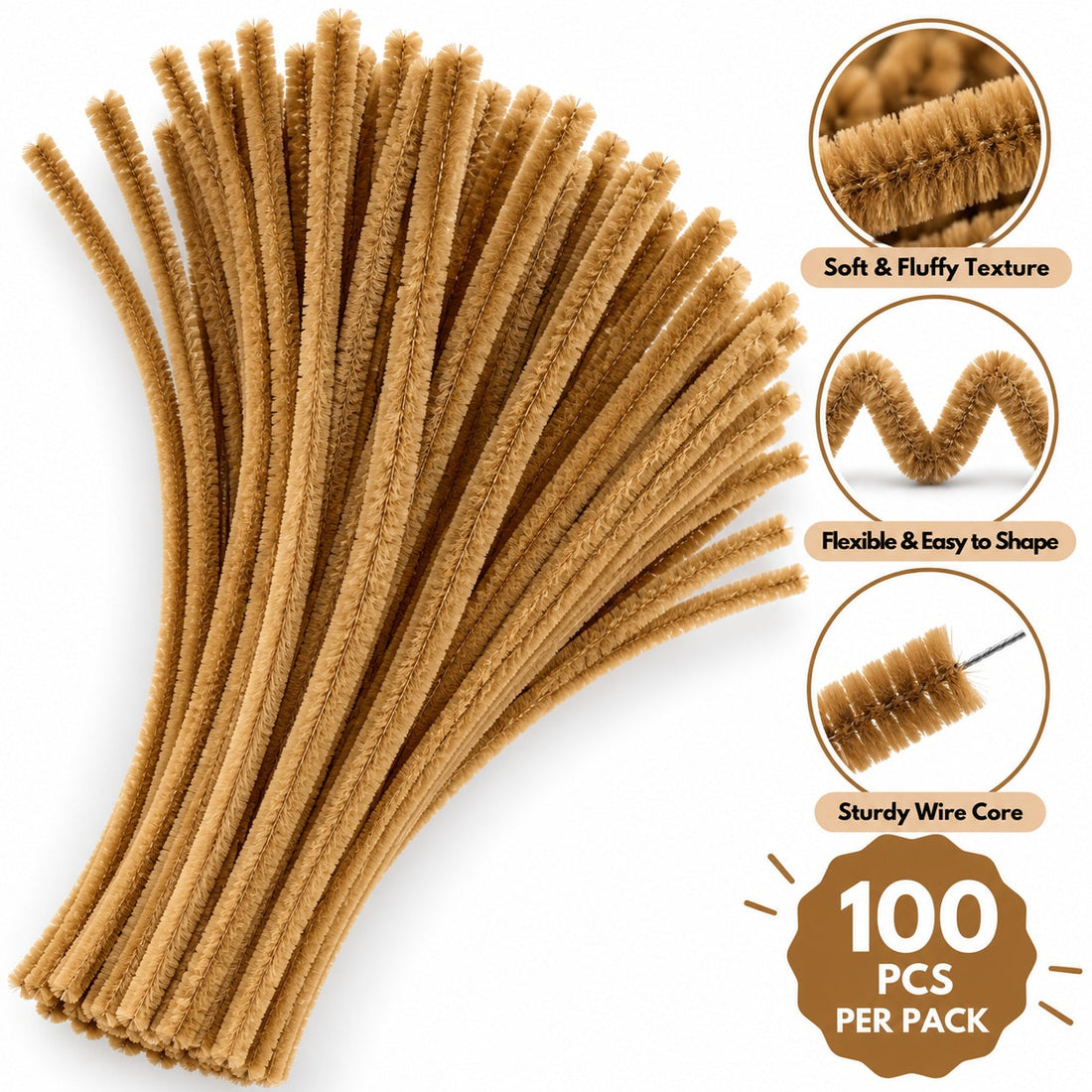 Khaki Brown Chenille Pipe Cleaners 10MM – Pack of 100 Pcs