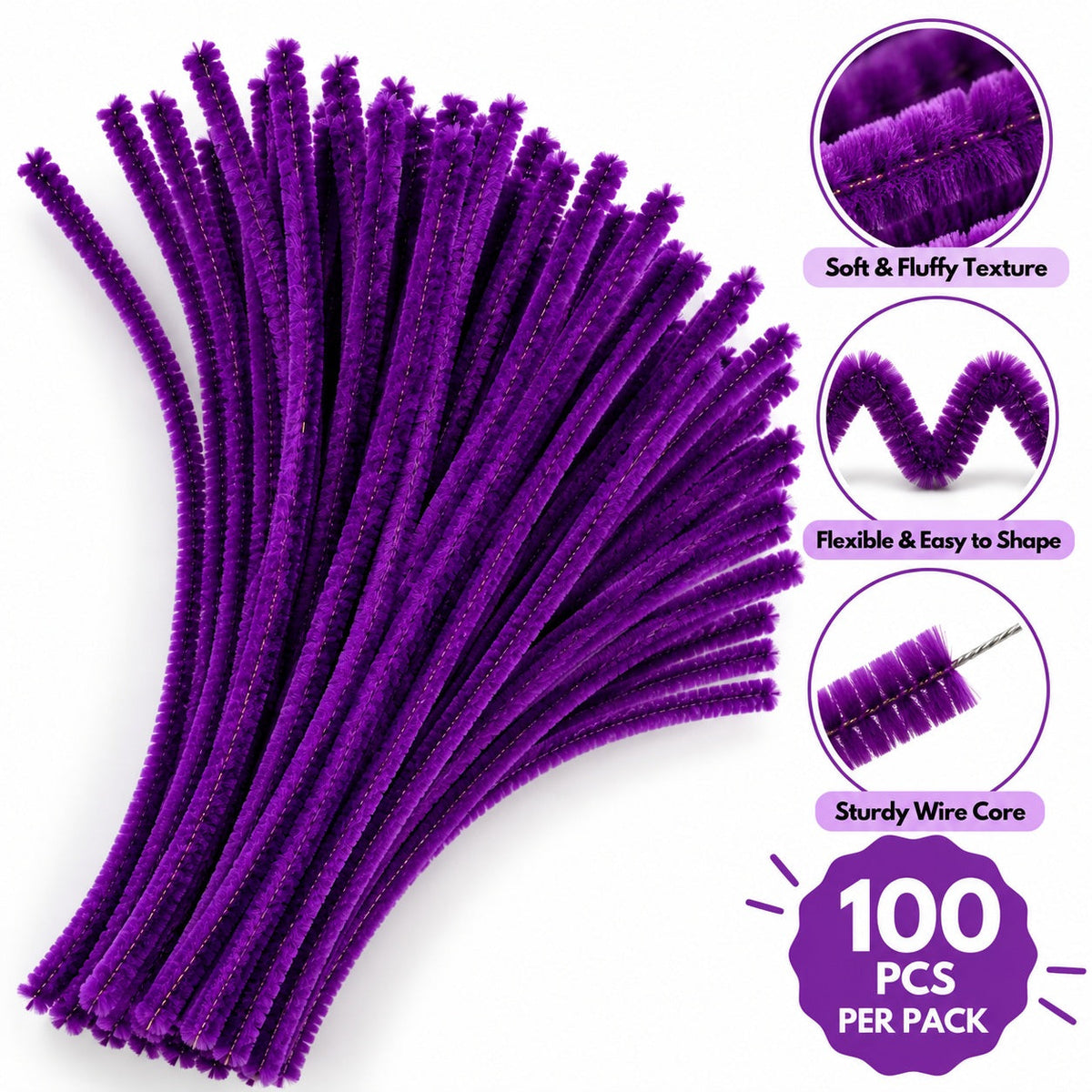 Violet Purple Chenille Pipe Cleaners 10MM – Pack of 100 Pcs