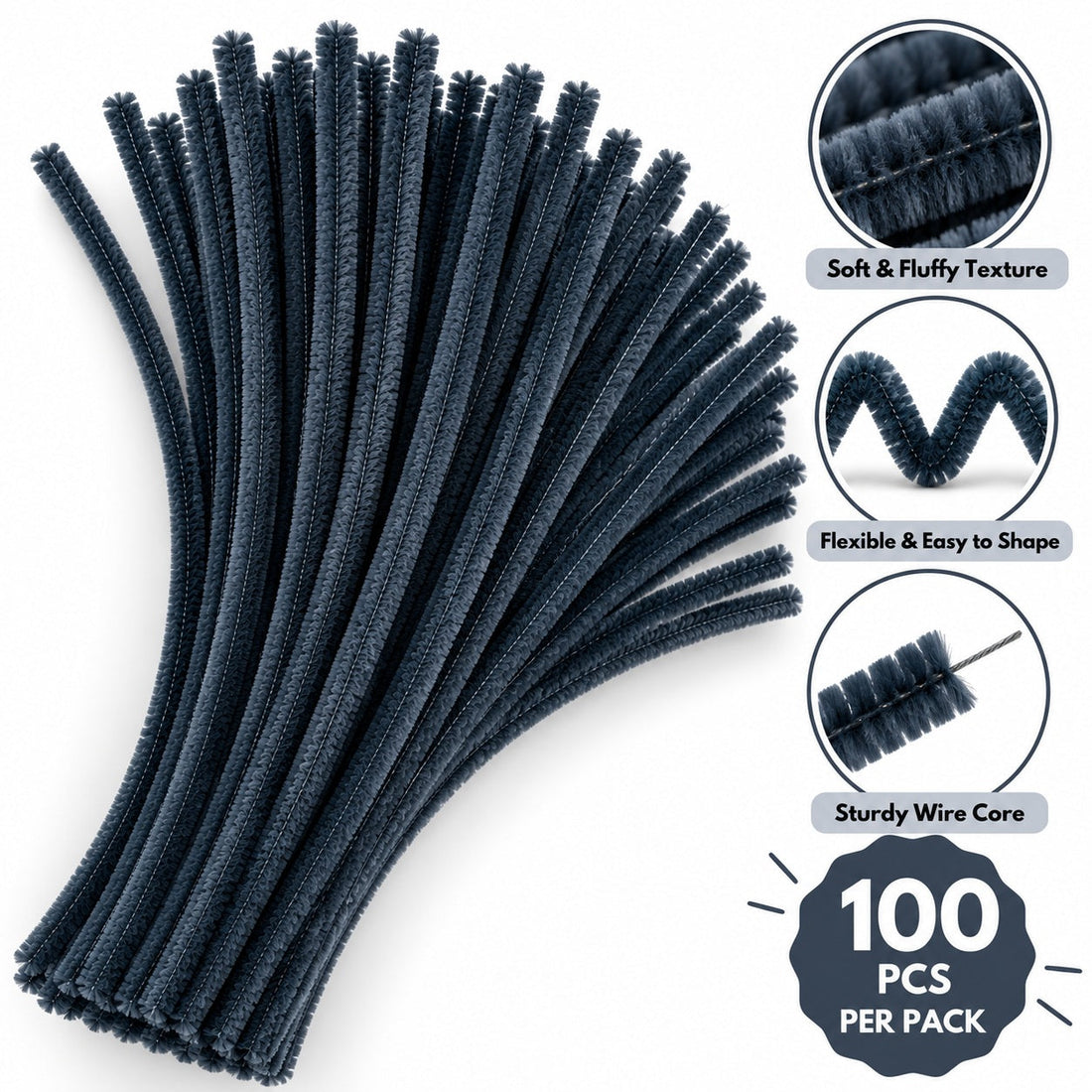 Charcoal Black Chenille Pipe Cleaners 10MM – Pack of 100 Pcs