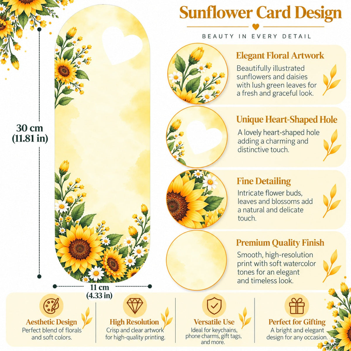 Sunshine Sunflower Meadow Printed Flower Card with Heart Cutout for DIY Crafts & Flower Bouquets