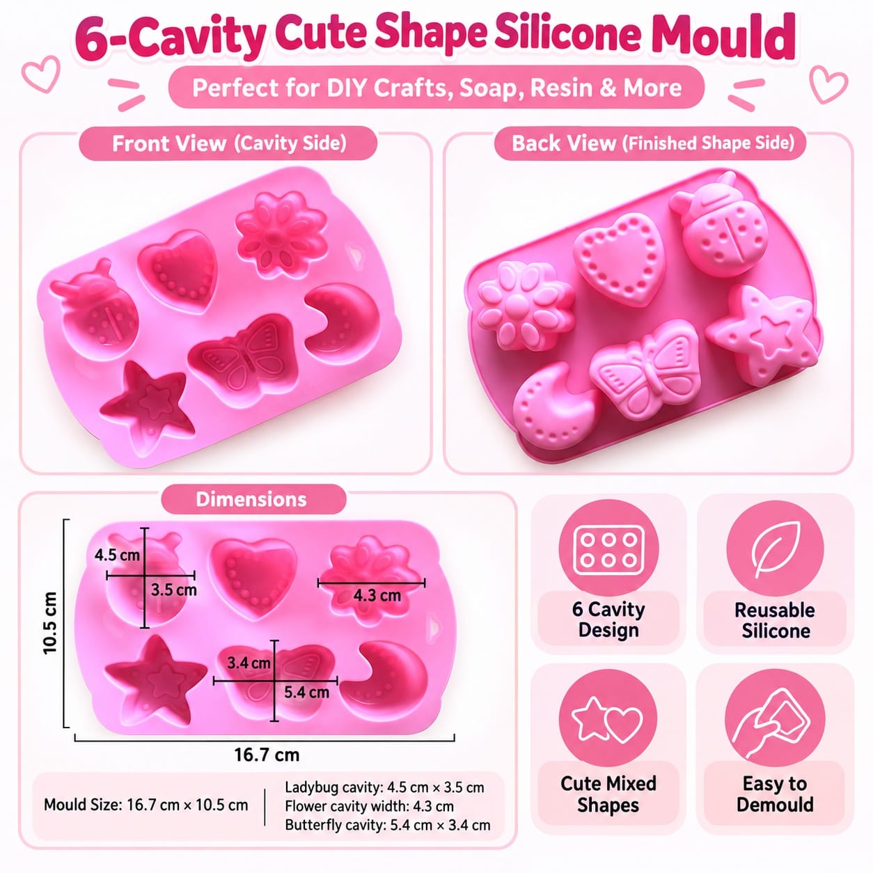 6-Cavity Cute Shape Silicone Mould for Concrecast Art – 16.7 × 10.5 CM | Mixed Shape Design