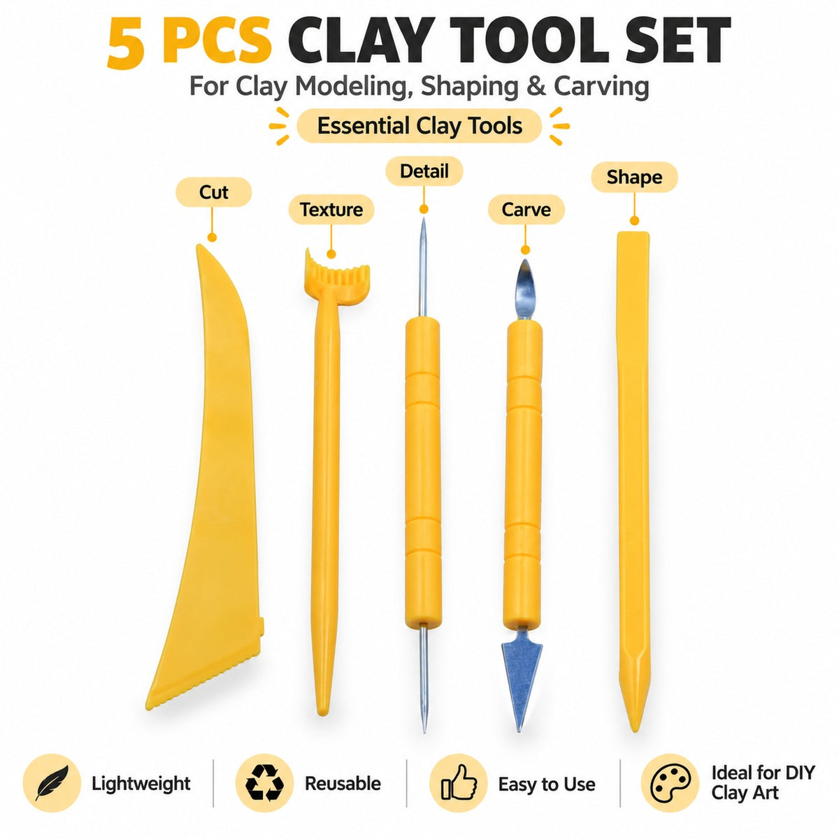 5 Pcs Clay Modeling Tool Set – Shaping, Carving, Cutting & Detailing Tools for Clay Art