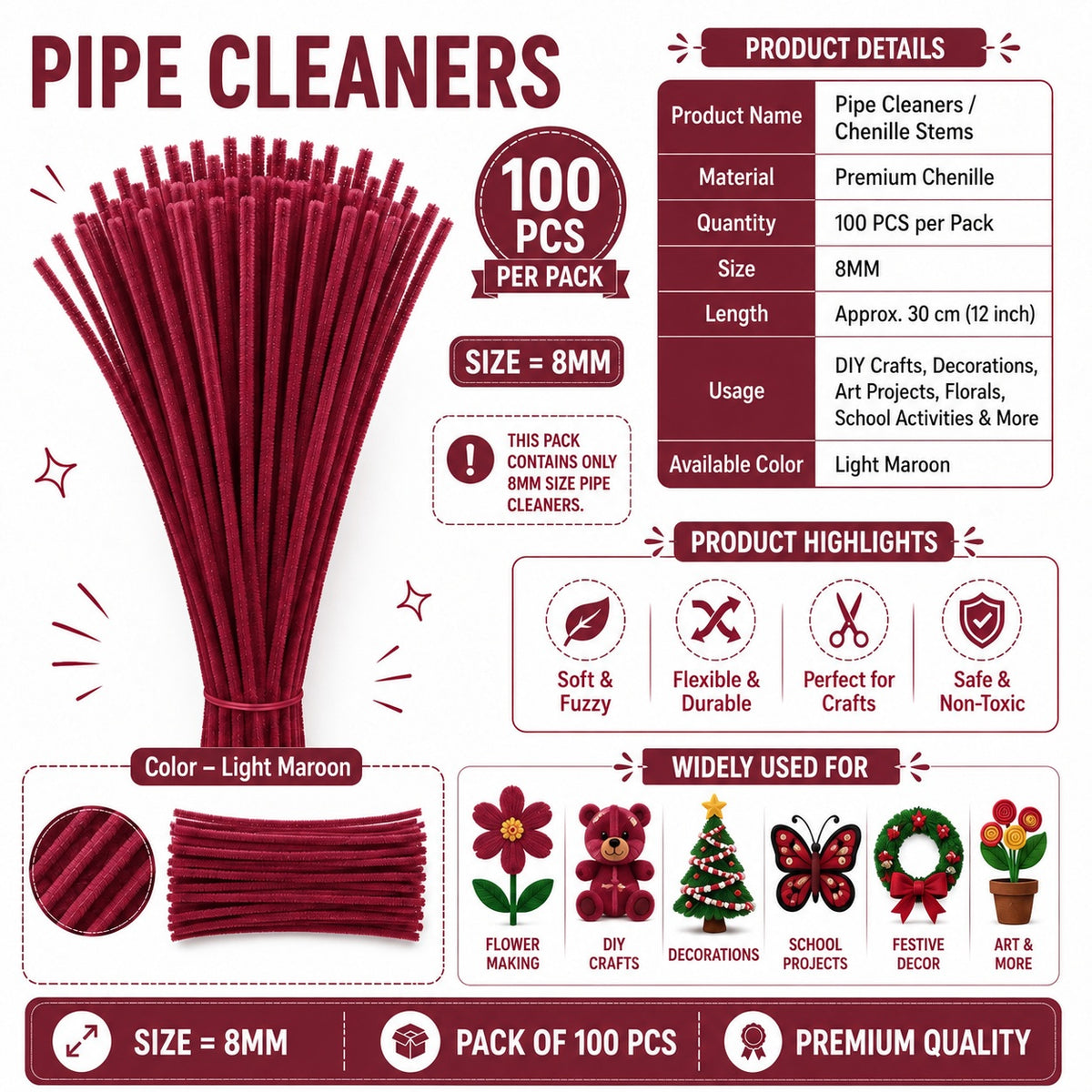 Premium Pipe Cleaners (7-8MM Approx.) (Light Maroon)