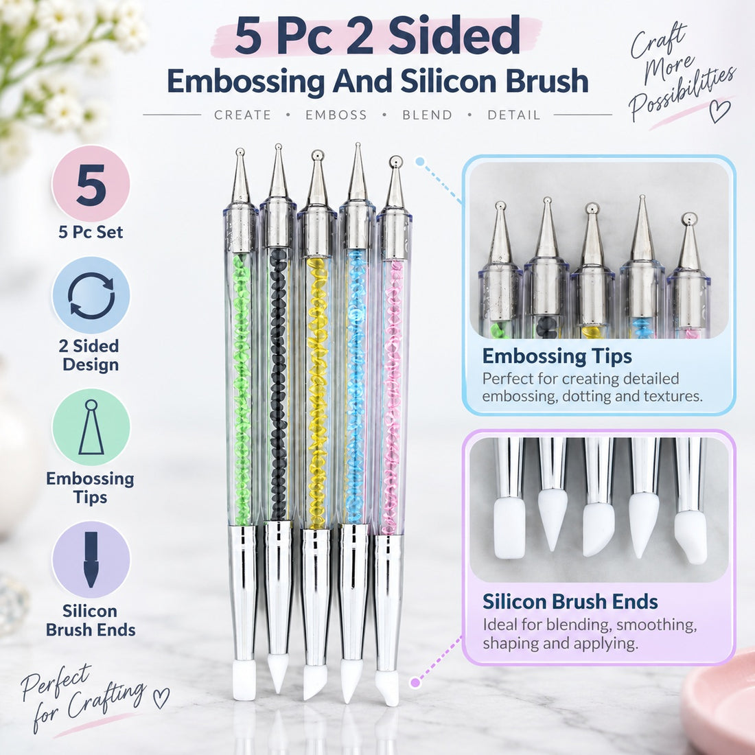 5 Pc 2 Sided Embossing And Silicon Brush