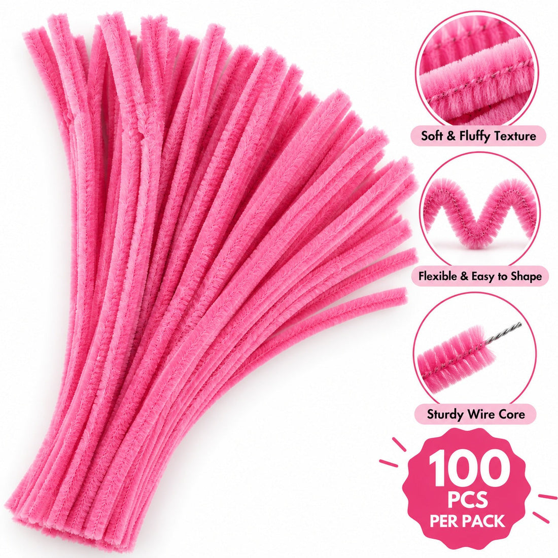 Pink Chenille Pipe Cleaners 10MM – Pack of 100 Pcs