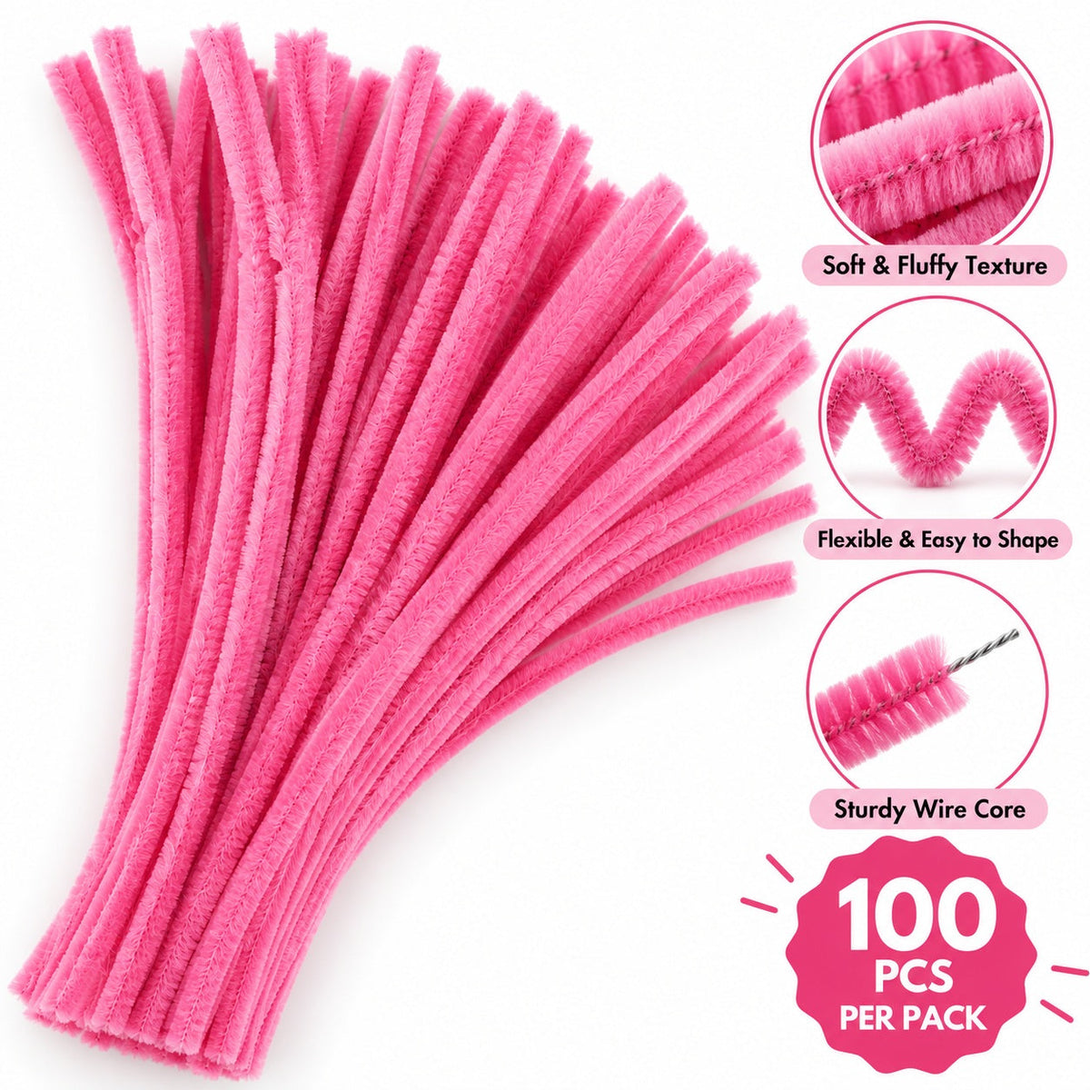 Pink Chenille Pipe Cleaners 10MM – Pack of 100 Pcs