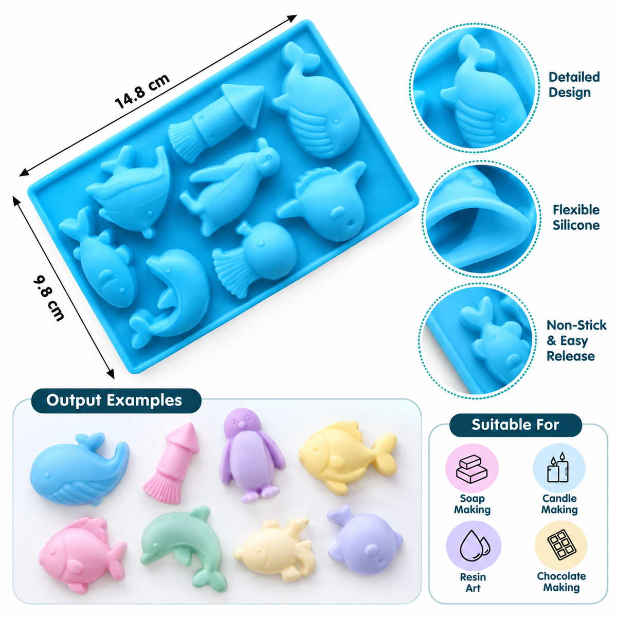 8-Cavity Ocean World Silicone Mould for Concrecast Art – 13.9 × 9.5 CM | Assorted Sea Animal Designs