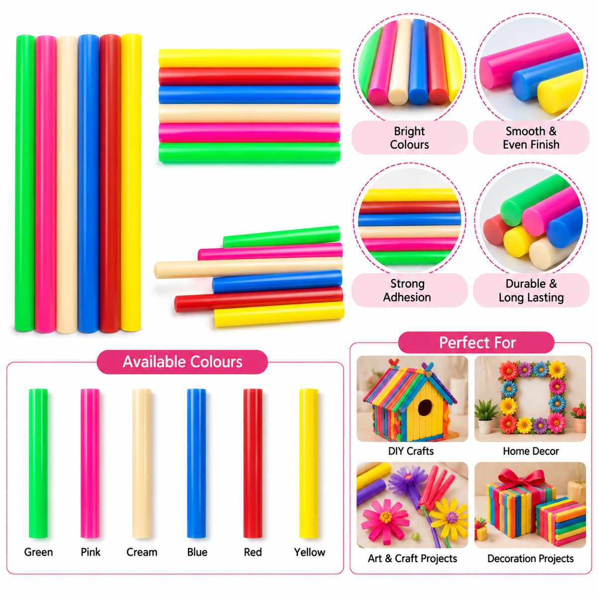 11mm Mixed Color Hot Melt Glue Sticks (17.5cm Length) – Pack Of 6