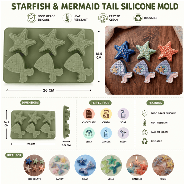 Starfish & Mermaid Mould for DIY Concrete Art,  Resin Crafts, Soap Making & Cake Making Silicone Mould