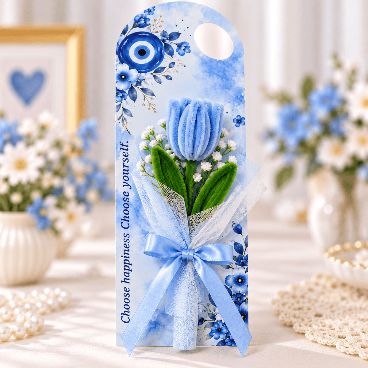generic Blue Floral Evil Eye Printed Bouquet Wrapping Sheet for DIY Crafts & Gift Packaging