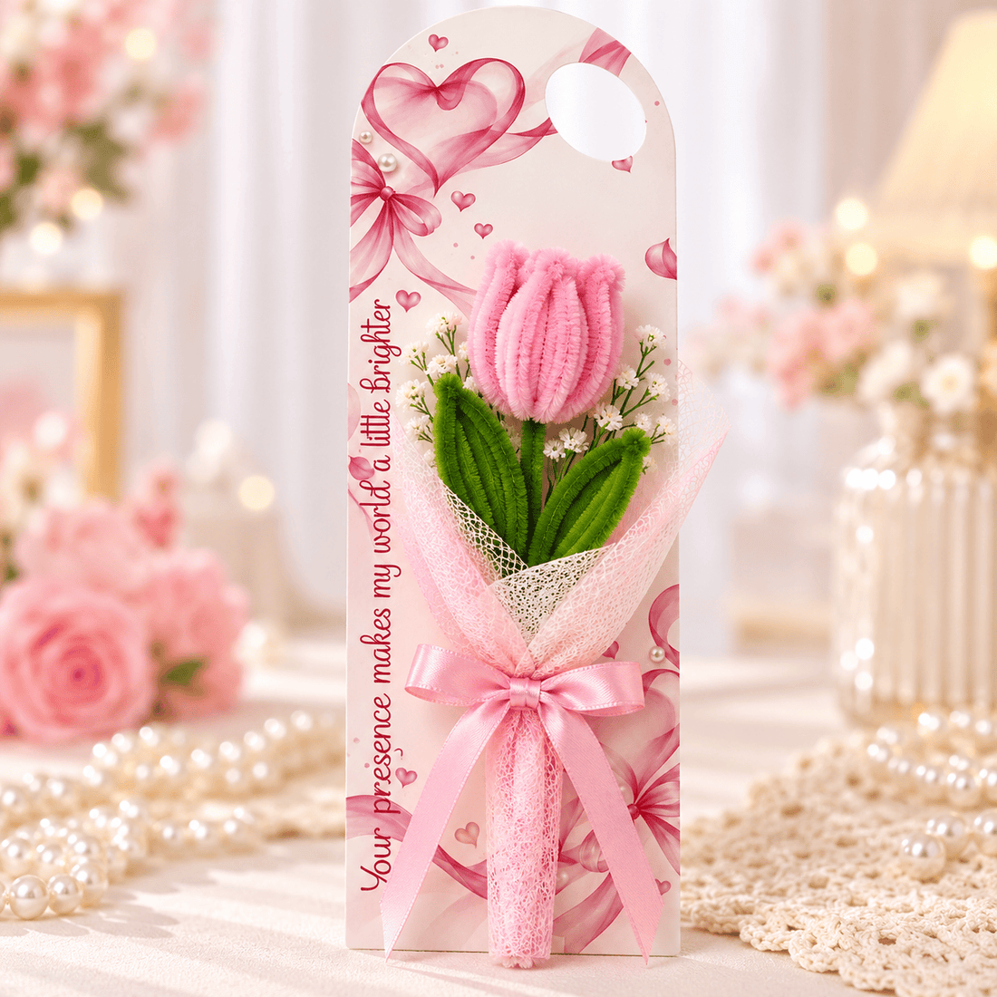 generic Pink Heart Ribbon Printed Flower Card for DIY Crafts & Flower Bouquets