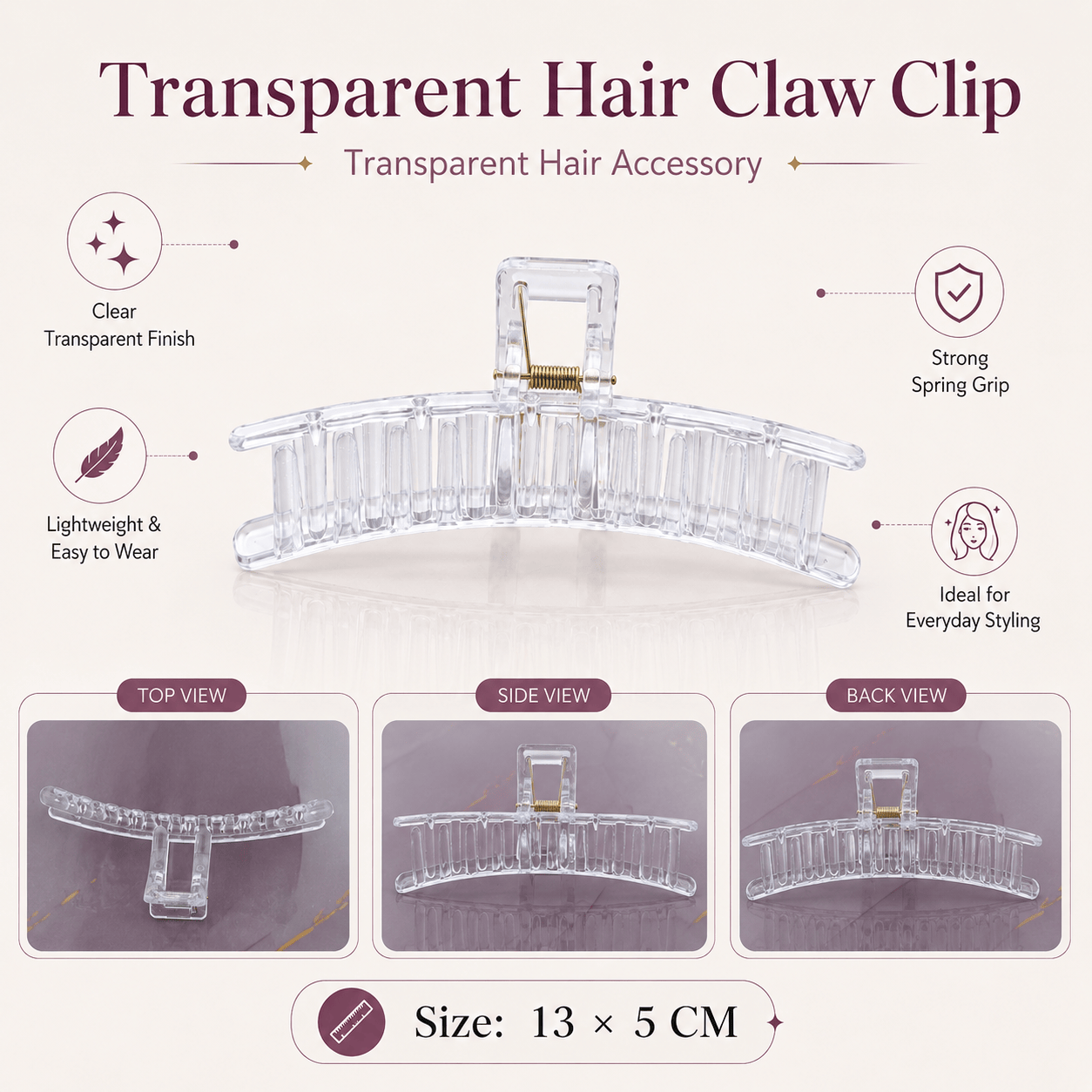 GENERIC Transparent Hair Claw Clip – 13 × 5 CM