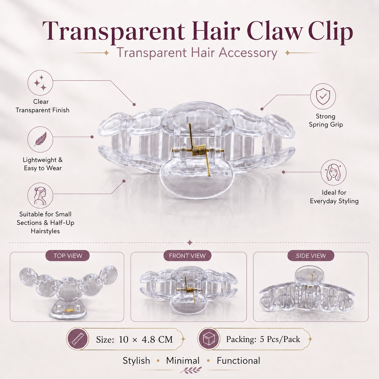 GENERIC Transparent Hair Claw Clip – 10 × 4.8 CM – Pack of 5 Pcs