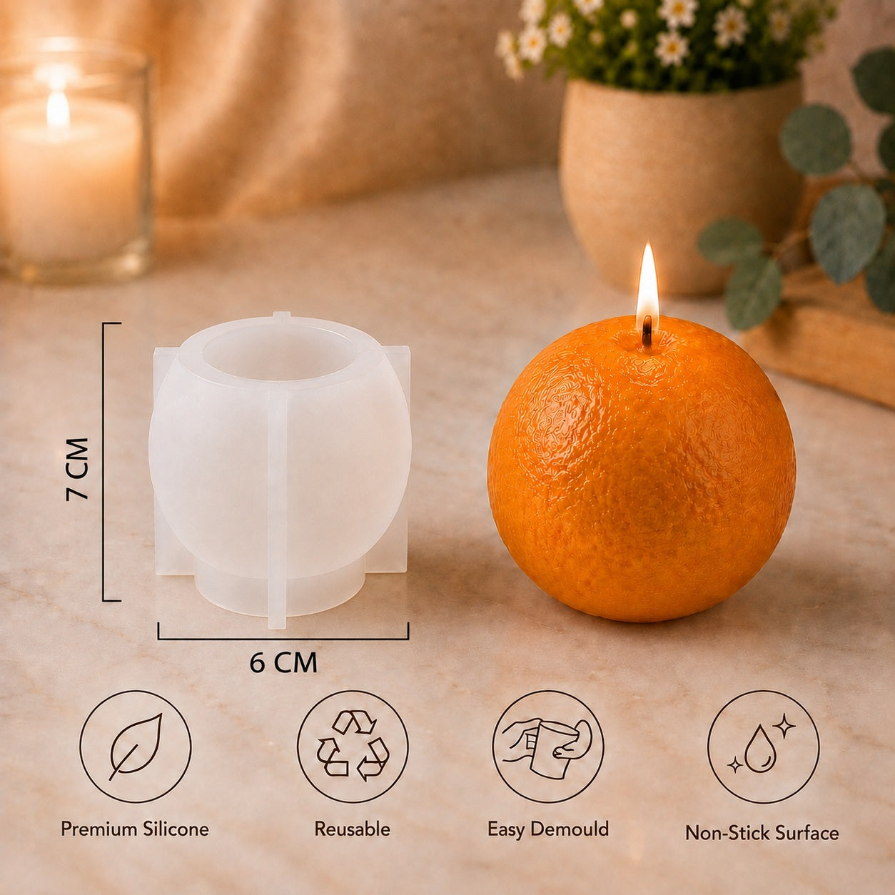 Orange Fruit Shape Silicone Candle Mould - 3D Sphere Mould