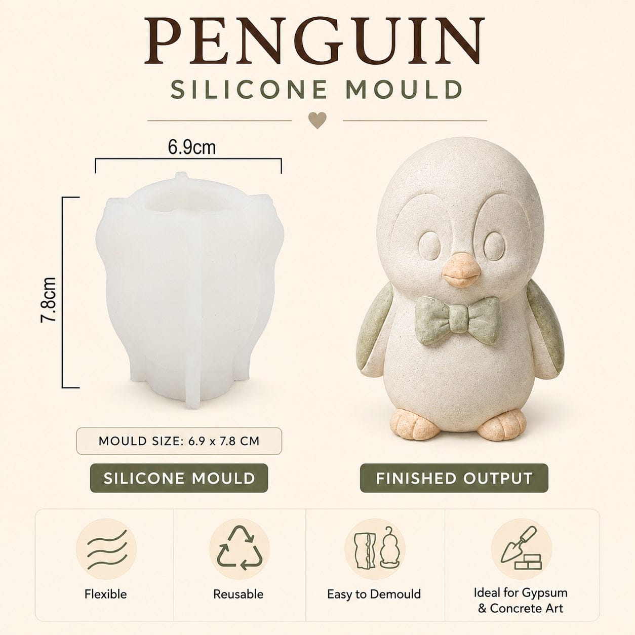 Crafteria 3D Penguin Silicone Mould – 6.9 × 7.8 cm