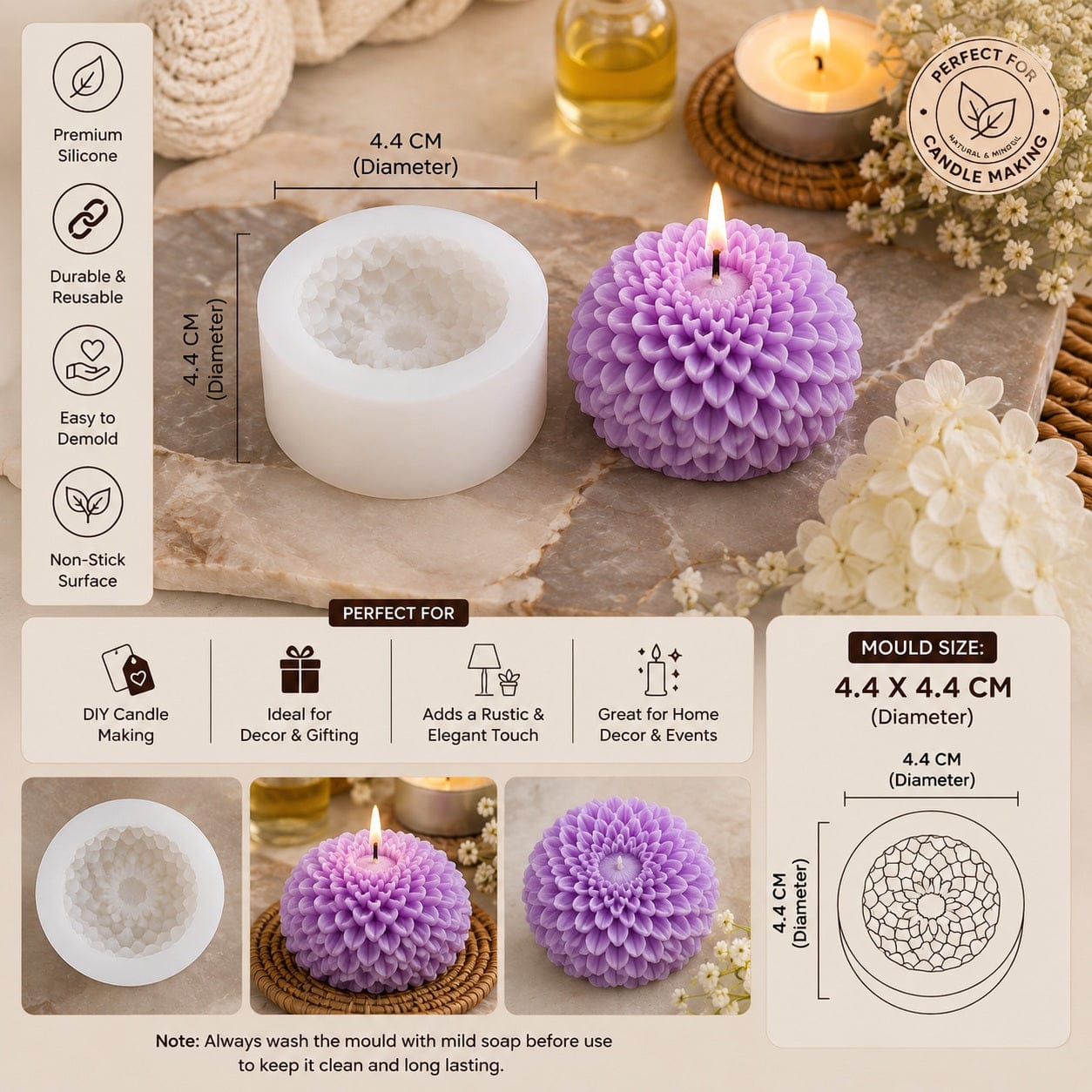 Crafteria Chrysanthemum Flower Silicone Candle Mould - 3D Dahlia Shape Mould