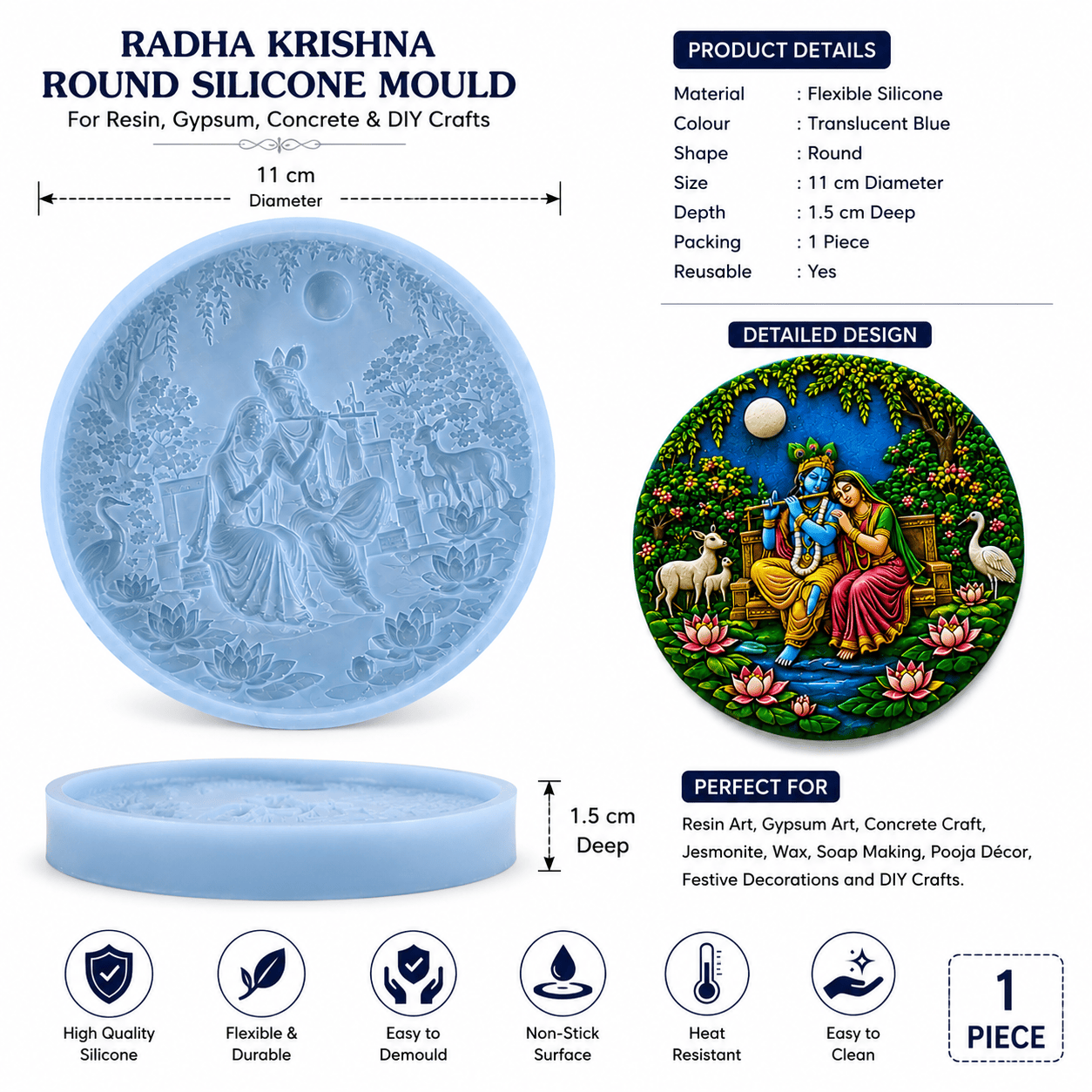 Crafteria Radha Krishna Round Silicone Mould – 11 cm | Detailed Religious Art Mould for Resin, Gypsum & Concrete Crafts