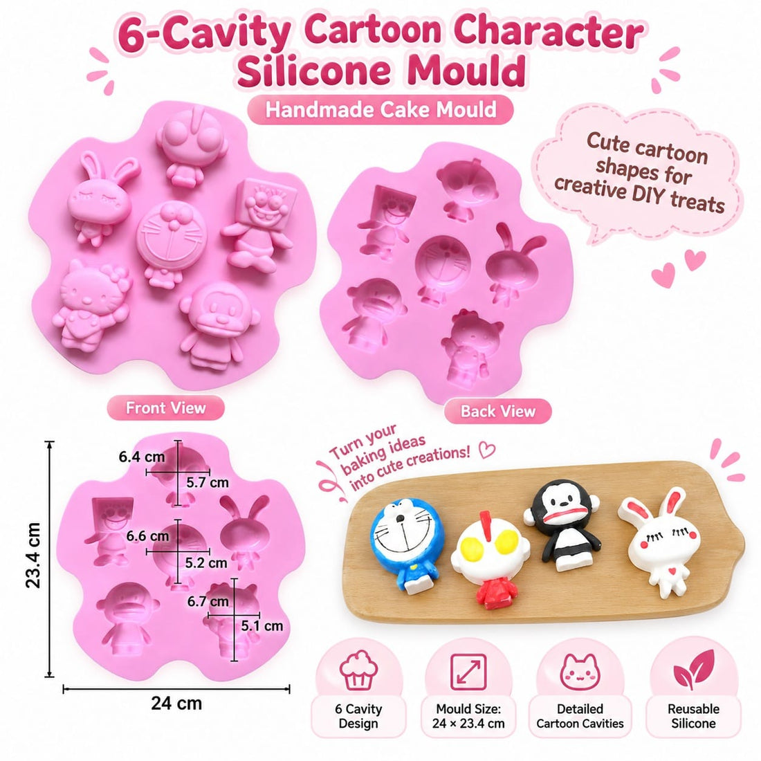 generic 6-Cavity Cartoon Character Silicone Mould – 24 × 23.4 CM | Assorted Character Design