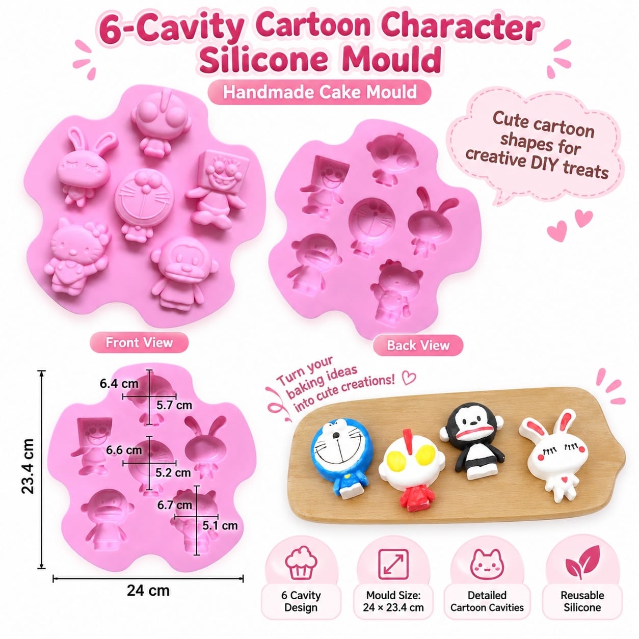generic 6-Cavity Cartoon Character Silicone Mould – 24 × 23.4 CM | Assorted Character Design