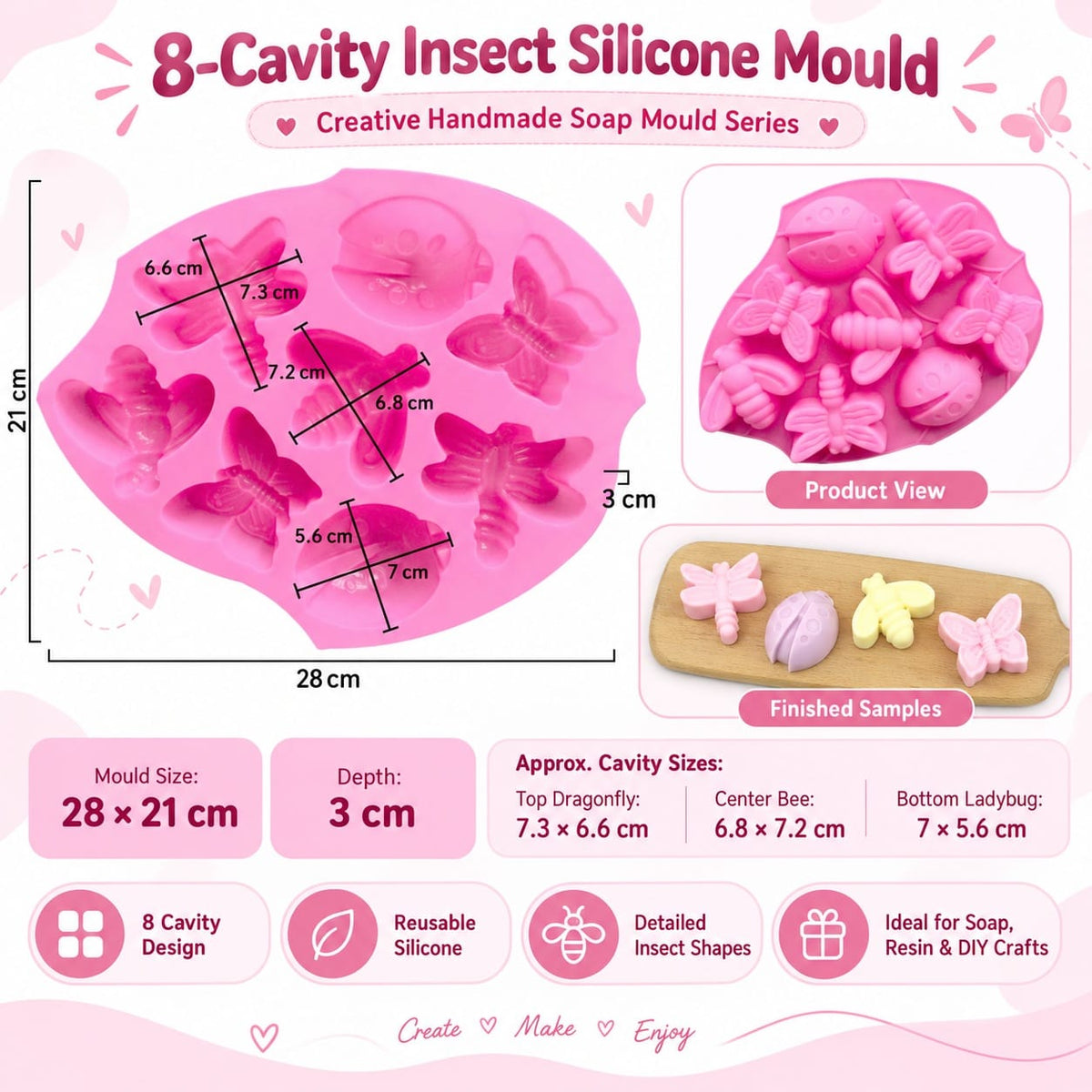 generic 8-Cavity Insect Silicone Mould – 28 × 21 CM | Approx. 3 CM Deep