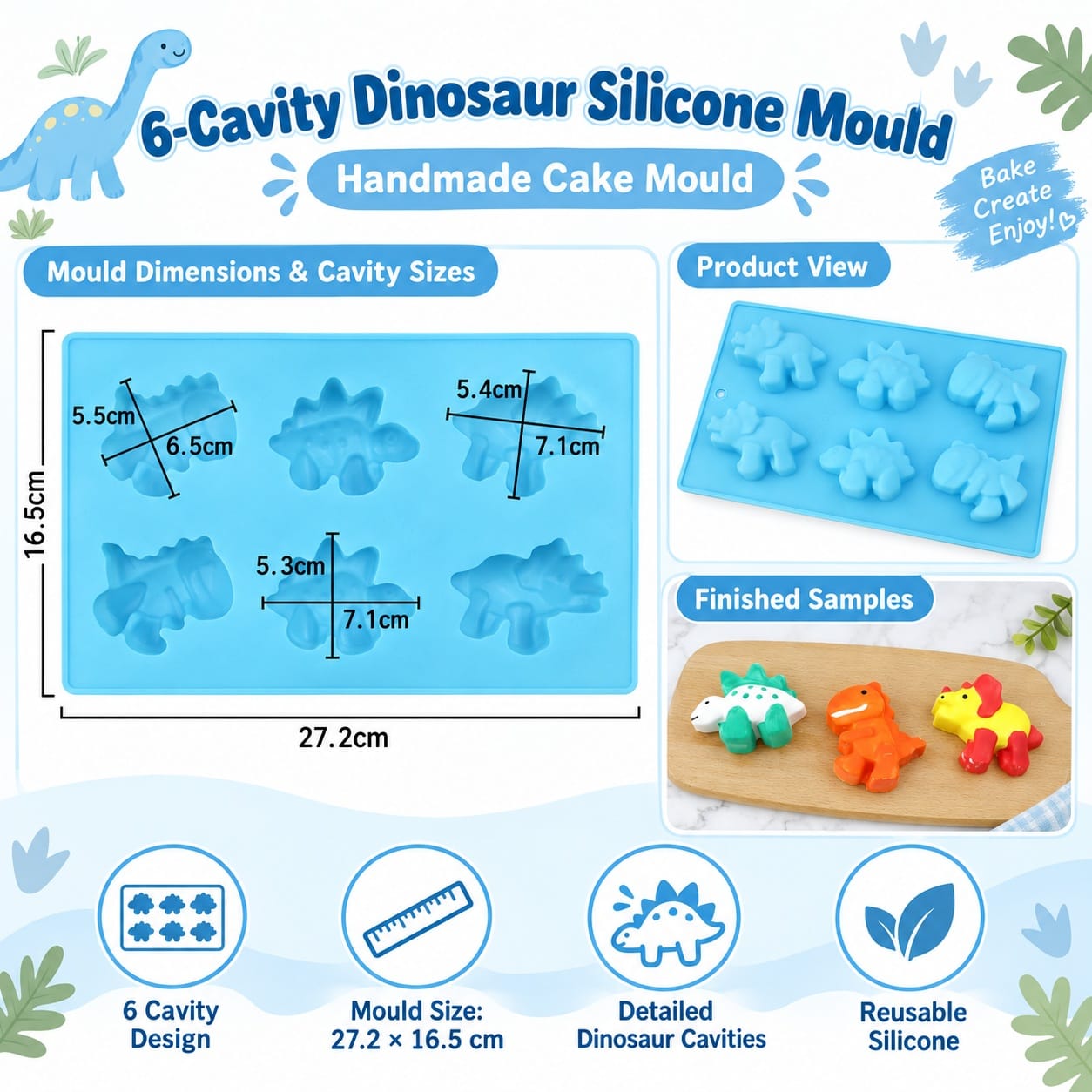 generic 6-Cavity Dinosaur Silicone Mould – 27.2 × 16.5 CM | Assorted Dinosaur Designs